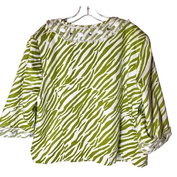 Silk Land Jacket Long Sleeve Boho Lime/White Print Mesh & Jewel Embellished 2XL - Picture 2 of 11